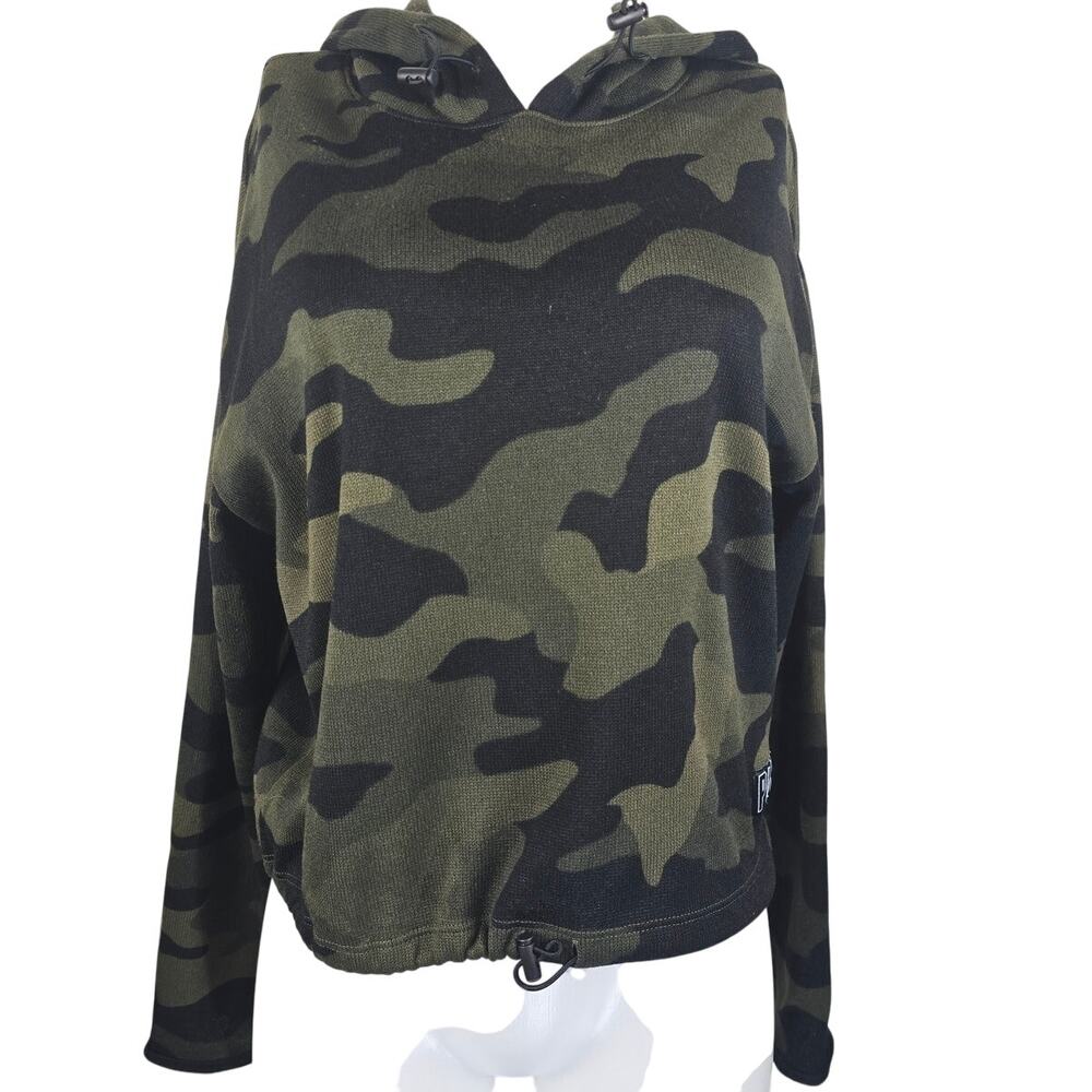 Victoria Secret Pink Green Black Camoflauge Hooded Cropped Sweater M